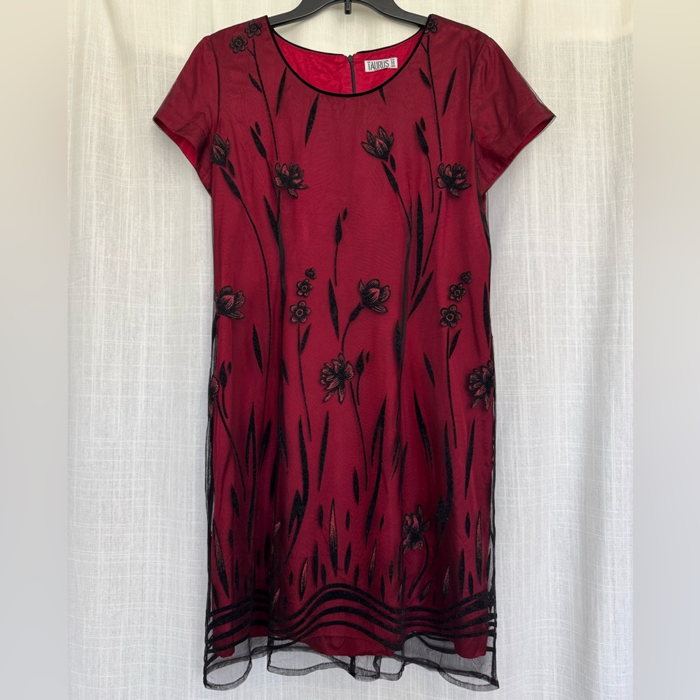 Vintage Taurus II Red Sheer Mesh Overlay Dress Velvet Detail M/L
